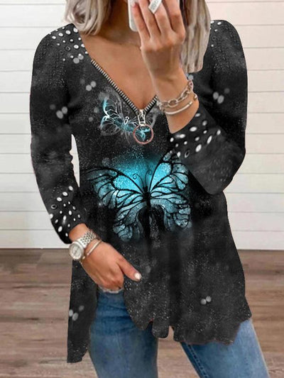 Women's T-Shirts V-Neck Zipper Pullover Pearl Print T-Shirt - T-Shirts - INS | Online Fashion Free Shipping Clothing, Dresses, Tops, Shoes - 10-20 - 18/09/2021 - Category_T-Shirts