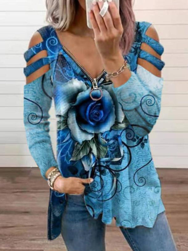 Women's T-Shirts V-Neck Zipper Rose Flower Long Sleeve T-Shirt - T-Shirts - INS | Online Fashion Free Shipping Clothing, Dresses, Tops, Shoes - 1/11/2021 - 20-30 - color-blue