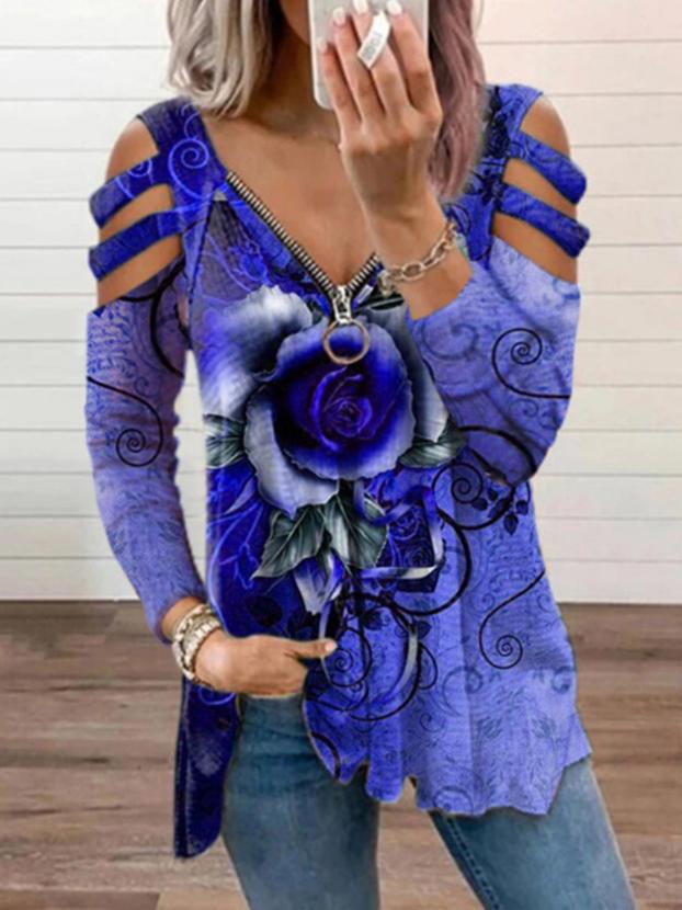 Women's T-Shirts V-Neck Zipper Rose Flower Long Sleeve T-Shirt - T-Shirts - INS | Online Fashion Free Shipping Clothing, Dresses, Tops, Shoes - 1/11/2021 - 20-30 - color-blue