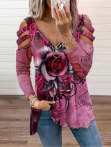 Women's T-Shirts V-Neck Zipper Rose Flower Long Sleeve T-Shirt - T-Shirts - INS | Online Fashion Free Shipping Clothing, Dresses, Tops, Shoes - 1/11/2021 - 20-30 - color-blue