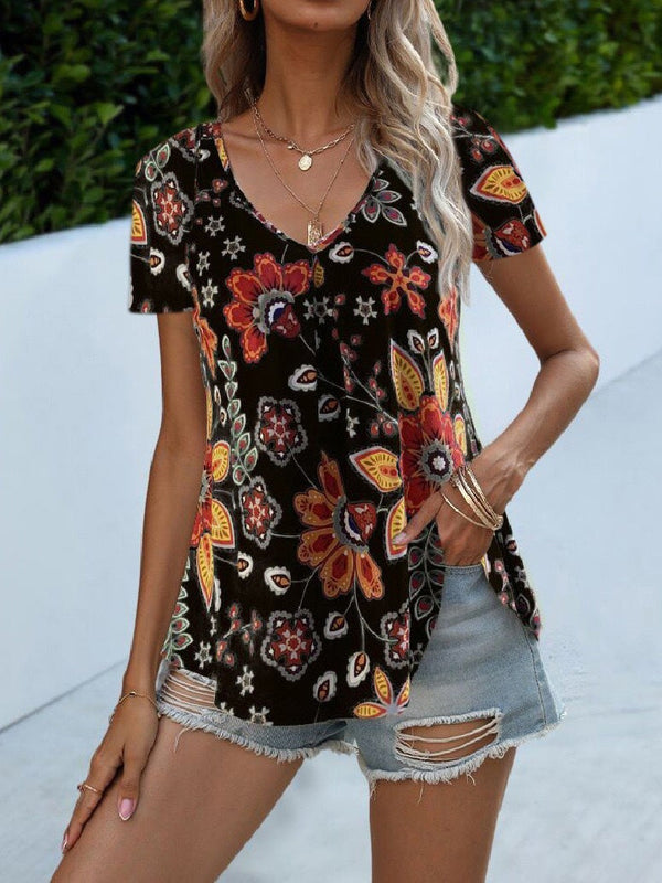 Women's T-Shirts Vintage Print V-Neck Short Sleeve T-Shirt - T-Shirts - Instastyled | Online Fashion Free Shipping Clothing, Dresses, Tops, Shoes - 20-30 - 31/12/2021 - color-black