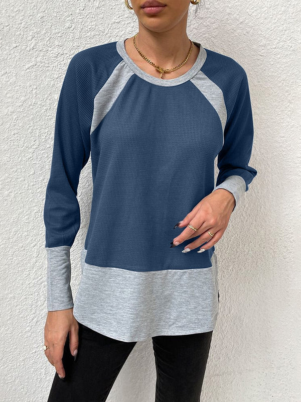 Women's T-Shirts Waffle Stitching Round Neck Long Sleeve T-Shirt - T-Shirts - INS | Online Fashion Free Shipping Clothing, Dresses, Tops, Shoes - 12/11/2021 - 20-30 - color-blue