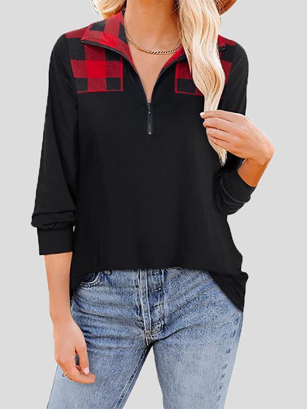 Women's T-Shirts Zip Lapel Check Print Long Sleeve T-Shirt - T-Shirts - INS | Online Fashion Free Shipping Clothing, Dresses, Tops, Shoes - 20-30 - 26/10/2021 - color-red