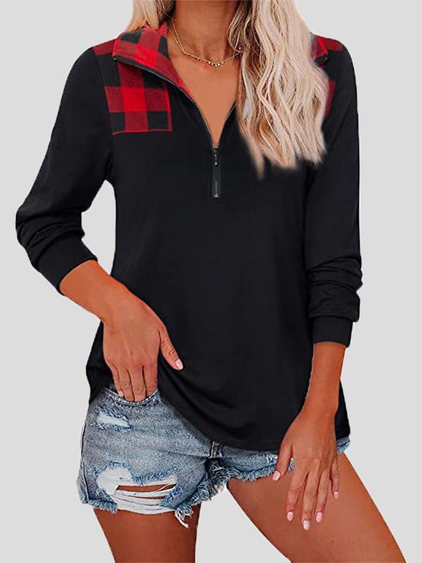 Women's T-Shirts Zip Lapel Check Print Long Sleeve T-Shirt - T-Shirts - INS | Online Fashion Free Shipping Clothing, Dresses, Tops, Shoes - 20-30 - 26/10/2021 - color-red