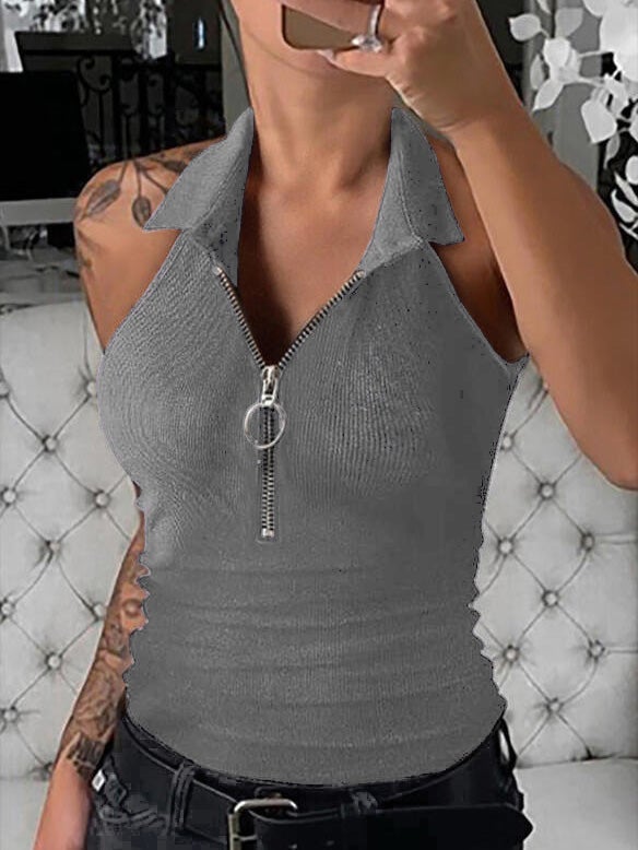 Women's Tank Tops Casual Solid Lapel Zipper Tank Top - Tank Tops - Instastyled | Online Fashion Free Shipping Clothing, Dresses, Tops, Shoes - 18/12/2021 - 20-30 - color-black