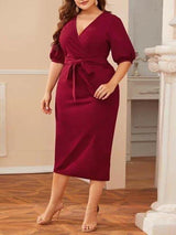 women's v-neck dress - CURVE+PLUS - INS | Online Fashion Free Shipping Clothing, Dresses, Tops, Shoes - Bishop - Color_Red - CURVE+PLUS