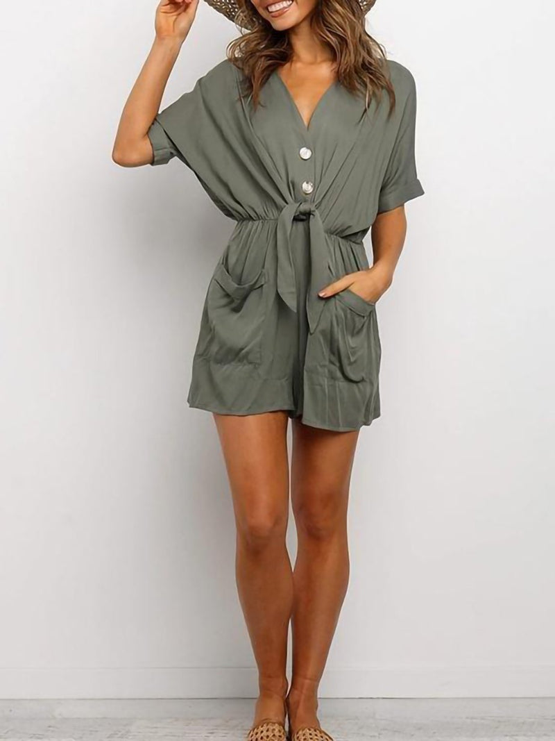 Women's V Neck Loose Single-Breasted Romper - Jumpsuits & Rompers - INS | Online Fashion Free Shipping Clothing, Dresses, Tops, Shoes - 01/04/2021 - Army Green - Casual