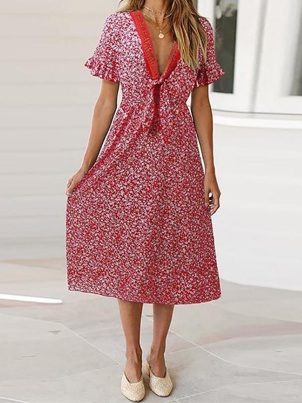 Women's V Neck Midi Floral Dress - Dresses - INS | Online Fashion Free Shipping Clothing, Dresses, Tops, Shoes - 18/03/2021 - Color_Red - Color_Yellow