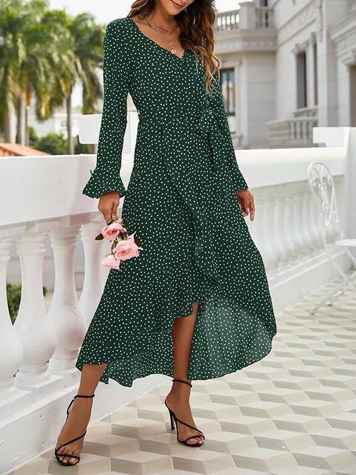 Women's V Neck Polka Dots Bowknot Long Sleeve Dress - Dresses - INS | Online Fashion Free Shipping Clothing, Dresses, Tops, Shoes - 18/03/2021 - Autumn - Color_Green