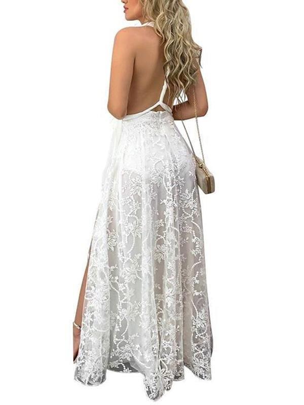 Women's V-neck Solid Color Split Lace Dress - Dresses - INS | Online Fashion Free Shipping Clothing, Dresses, Tops, Shoes - 18/03/2021 - Color_White - Dress