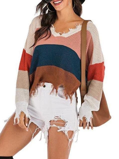 Women's V-Neck Stripes Knitted Sweater - Sweaters - INS | Online Fashion Free Shipping Clothing, Dresses, Tops, Shoes - Sweaters - -