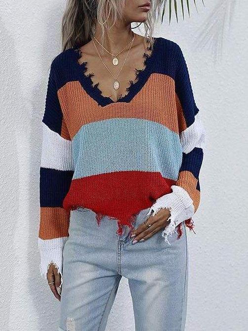 Women's V-Neck Stripes Knitted Sweater - Sweaters - INS | Online Fashion Free Shipping Clothing, Dresses, Tops, Shoes - Sweaters - -