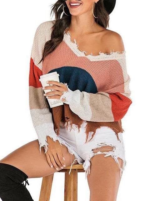 Women's V-Neck Stripes Knitted Sweater - Sweaters - INS | Online Fashion Free Shipping Clothing, Dresses, Tops, Shoes - Sweaters - -