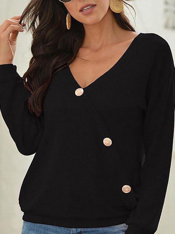 Women's V-neck Waffle Long T-shirt - Tops - INS | Online Fashion Free Shipping Clothing, Dresses, Tops, Shoes - 2XL - Black - Blouse