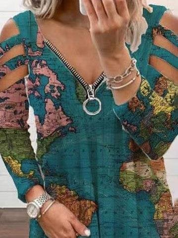 World Map Printed Long-sleeved T-shirt - T-shirts - INS | Online Fashion Free Shipping Clothing, Dresses, Tops, Shoes - 20-30 - 29/06/2021 - color-green