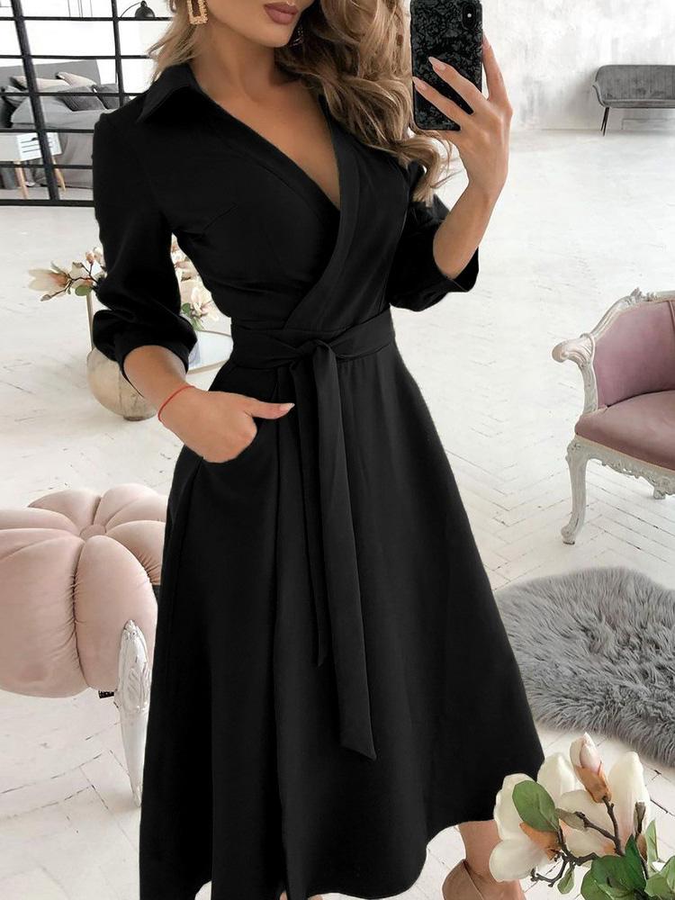 Wrap Design Plain Long Sleeve Flared Dress - Midi Dresses - INS | Online Fashion Free Shipping Clothing, Dresses, Tops, Shoes - 30/04/2021 - Color_Army Green - Color_Black