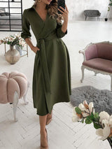 Wrap Design Plain Long Sleeve Flared Dress - Midi Dresses - INS | Online Fashion Free Shipping Clothing, Dresses, Tops, Shoes - 30/04/2021 - Color_Army Green - Color_Black