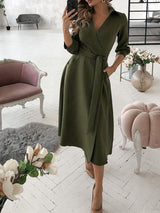 Wrap Design Plain Long Sleeve Flared Dress - Midi Dresses - INS | Online Fashion Free Shipping Clothing, Dresses, Tops, Shoes - 30/04/2021 - Color_Army Green - Color_Black