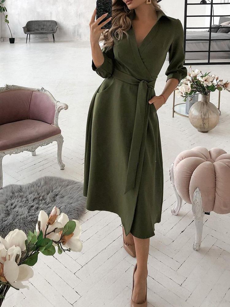 Wrap Design Plain Long Sleeve Flared Dress - Midi Dresses - INS | Online Fashion Free Shipping Clothing, Dresses, Tops, Shoes - 30/04/2021 - Color_Army Green - Color_Black