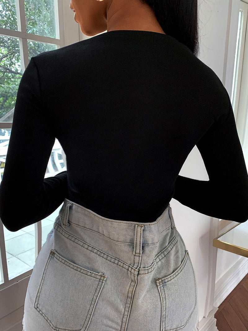 Zip Off Shoulder Slim Long Sleeve T-Shirt - T-Shirts - INS | Online Fashion Free Shipping Clothing, Dresses, Tops, Shoes - 10-20 - 19/06/2021 - color-black